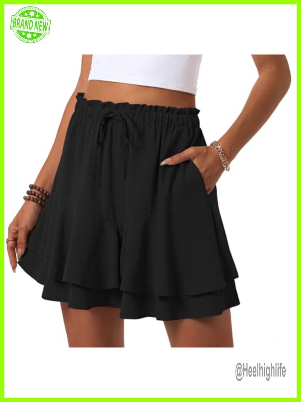 Flowy Ruffle Boho Skorts with Pockets High Waist Drawstring Mini